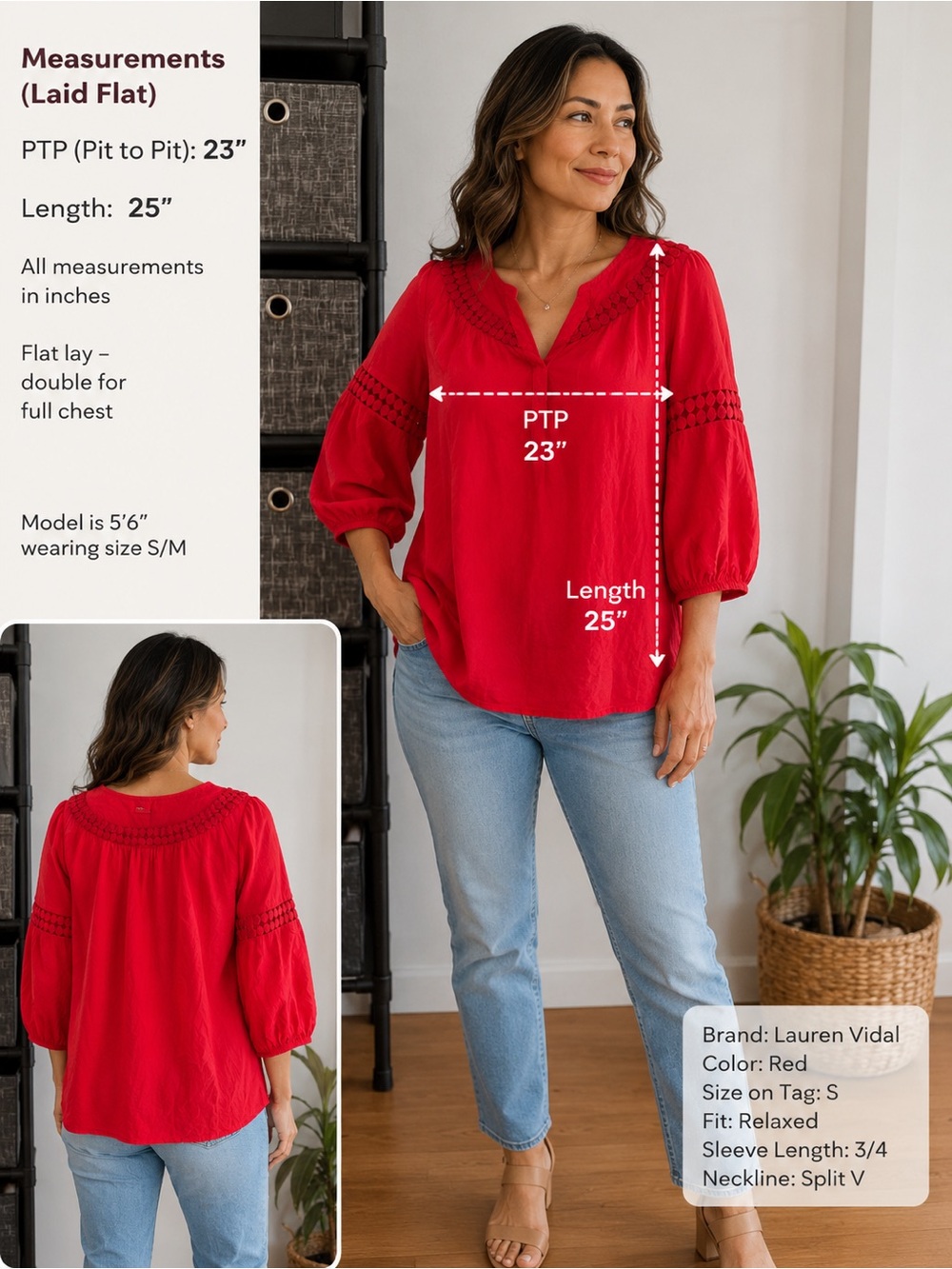 “Lauren Vidal Red Boho Crochet Trim Blouse Size S”